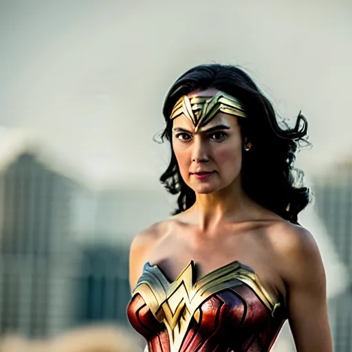 Prompt: Wonder Woman from Justice League movie, stunning portrait, 35mm F/1.2