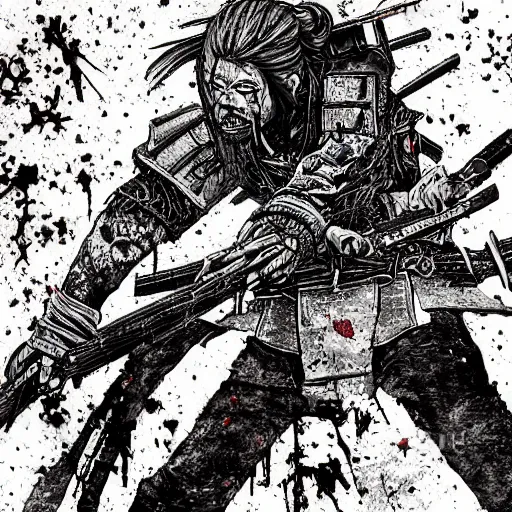 Prompt: artistic drawing of a samurai gunslinger fighting a horde of zombies, gruesome, bloody, highly detailed, western, hyper realistic