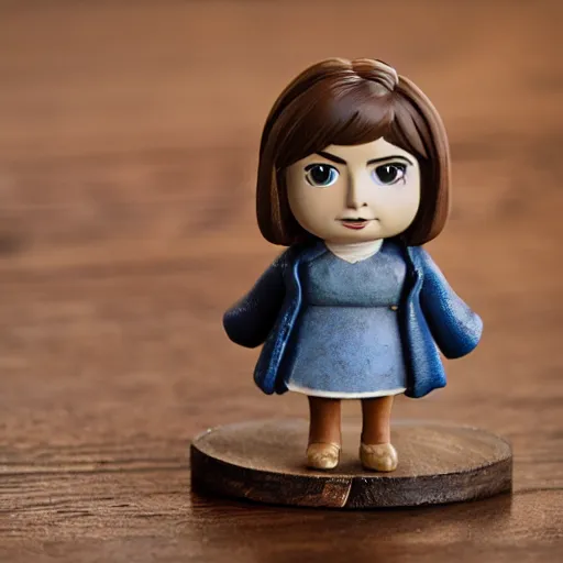 Image similar to jenna coleman figurine by pixar sad bokeh on wooden table.