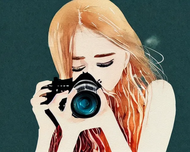 Prompt: pale young woman with bright blonde hair, freckles, bright eyes and a wide face, flowery dress, she is holding a professional dslr camera close to her face with one hand, dramatic lighting, bright flare, expressive, minimal watercolor art by conrad roset