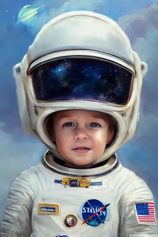 Image similar to a little boy with a cherubic michievous face and ginger hair. he is an astronaut, wearing a space suit. clean elegant painting, beautiful detailed face. by raymond swanland and artgerm and greg rutkowski