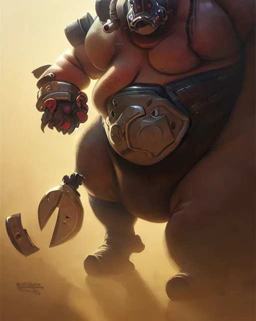 Image similar to roadhog from overwatch, character portrait, portrait, close up, concept art, intricate details, highly detailed by greg rutkowski, michael whelan and gustave dore