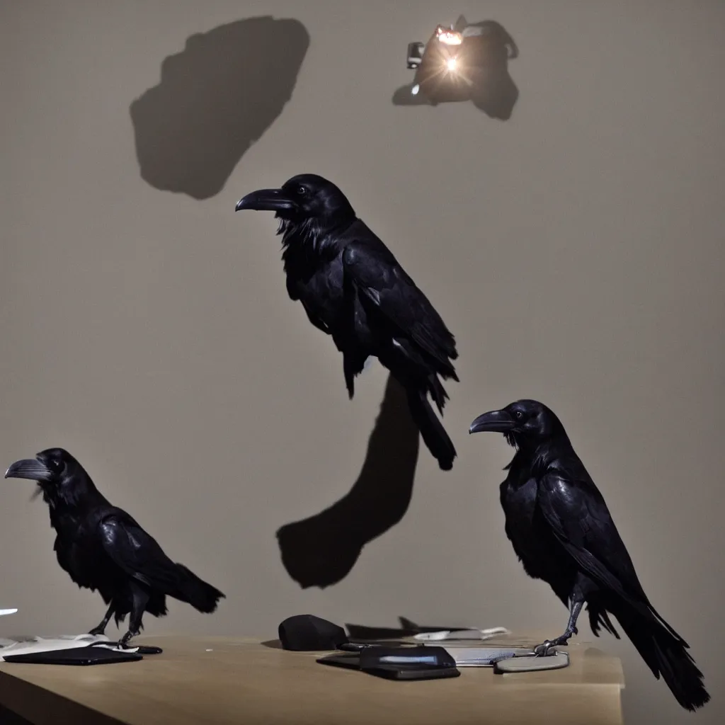 Image similar to a photograph of a raven using a computer, filmic, dramatic lighting