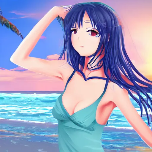 Image similar to an anime portrait of a beautiful girl in the beach, Digital art, intricate details,