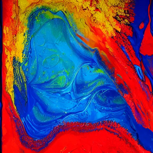 Image similar to blue, yellow, orange, red, acrylic paint pour art, 4k