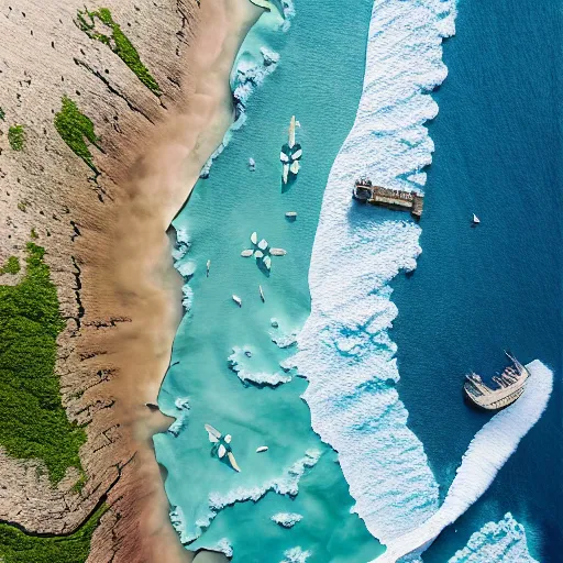 Prompt: drone photography with delicate gouache embellishments this is a land on an unforgiving world of churning oceans and jagged coastlines. every habitable island is situated somewhere along the planet's equator where the weather is still volatile but more hospitable than any points to the north or south