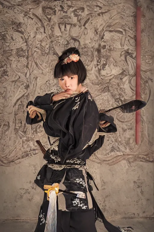 Image similar to highly detailed beautiful photo of a young female samurai, practising sword stances in a temple, symmetrical face, beautiful eyes, realistic anime art style, 8 k, award winning photo, pastels, action photography, 1 / 1 2 5 shutter speed, dramatic lighting