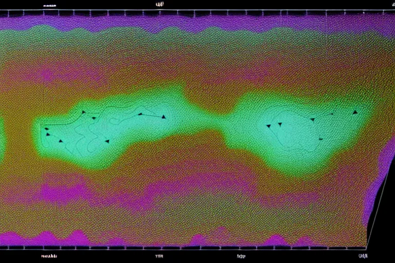 Image similar to topographical map of a complex cave system made out of multiple overlays of complex scientific data visualized on top of each other, bar charts, plexus, thick squares and large arrows, waveforms on top of square charts, gaps and pauses, space molecules, radio signals, negative space