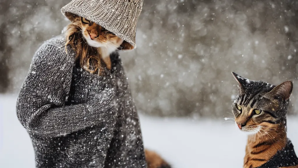 Prompt: a portrait of a cat wearing a cardigan and a knitted bucket hat in the snow. sony mirrorless camera, sigma art 85 mm f/1.4