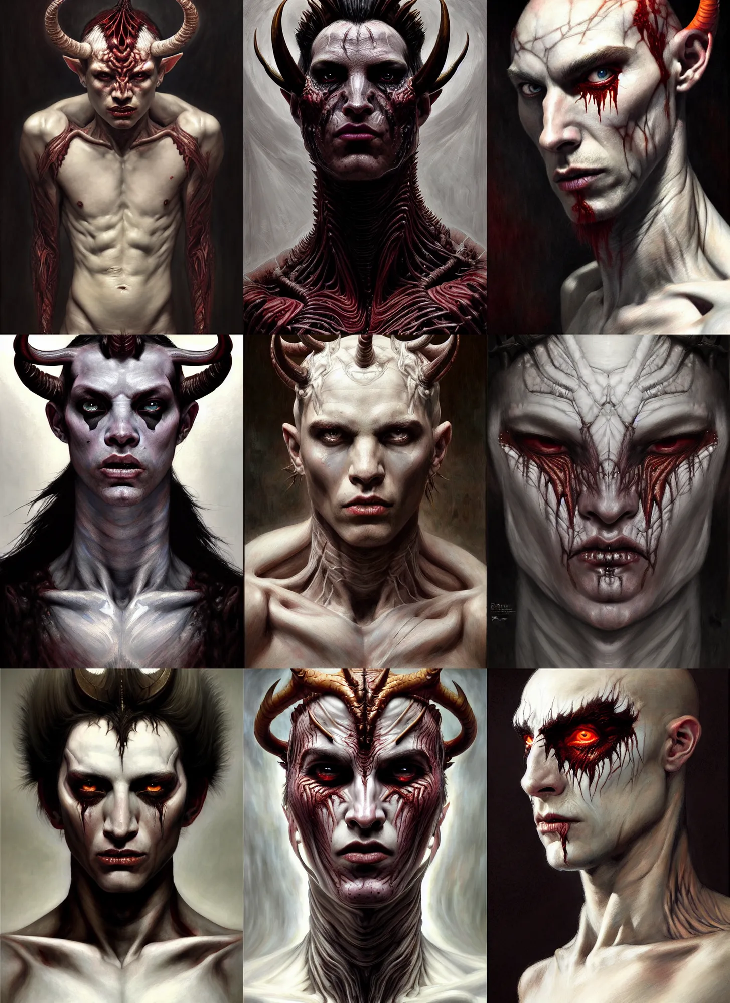 Prompt: half demon half human man intricate skin pattern texture, elegant, full body, white horns, hyper realistic, extremely detailed, dnd character art portrait, dark fantasy art, intricate fantasy painting, dramatic lighting, vivid colors, deviant art, artstation, by edgar maxence and caravaggio and michael whelan and delacroix.