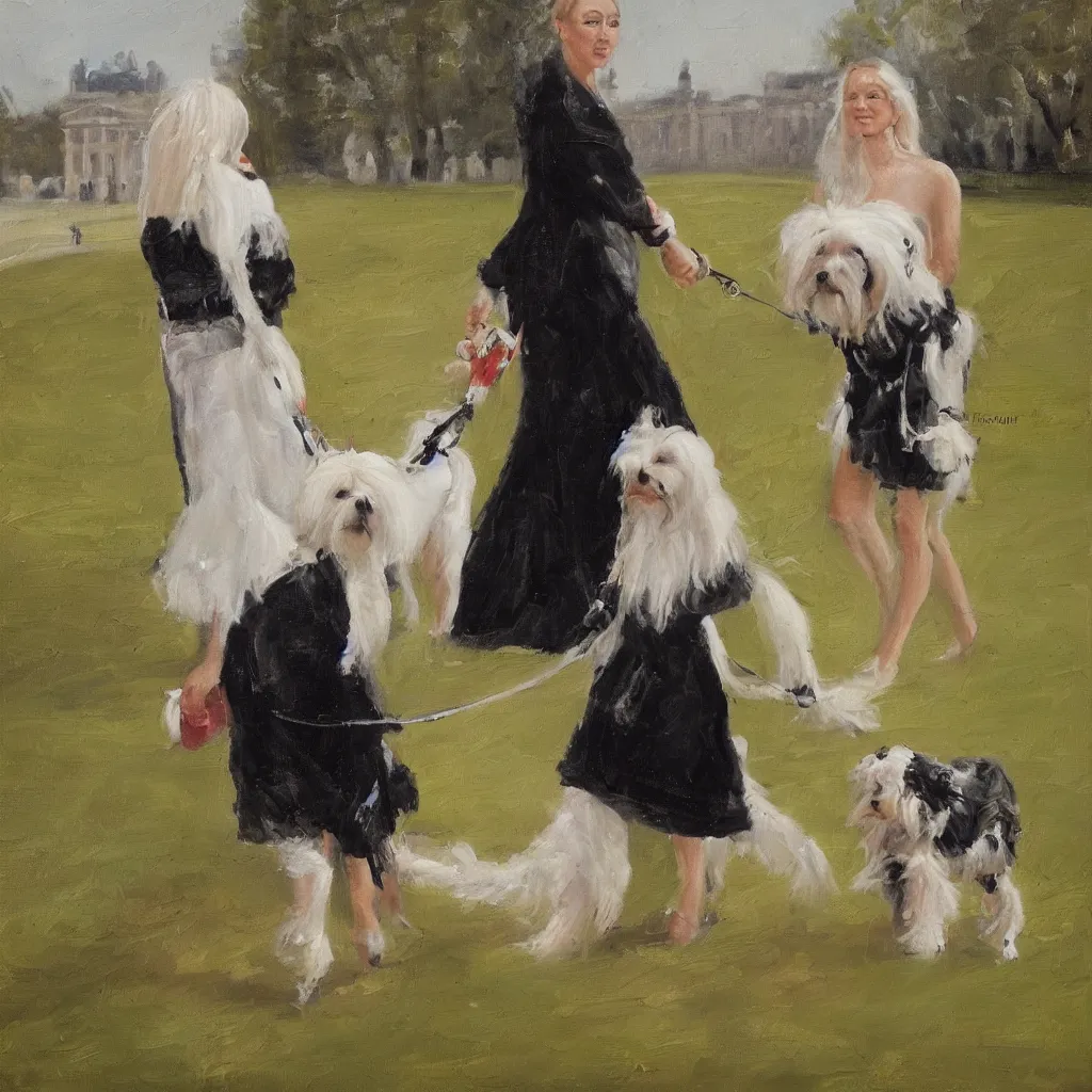 Prompt: A beautiful woman with freckles walking a Maltese Terrier in Buckingham Palace, oil paint on canvas, art,