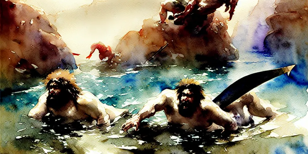 Prompt: abstract watercolor painting of prehistoric caveman, swimming to escape plesiosaurus, paint brush strokes, art by hans dahl, jesper ejsing, anders zorn, greg rutkowski, greg manchess, wonderful masterpiece, cinematic light, american romanticism