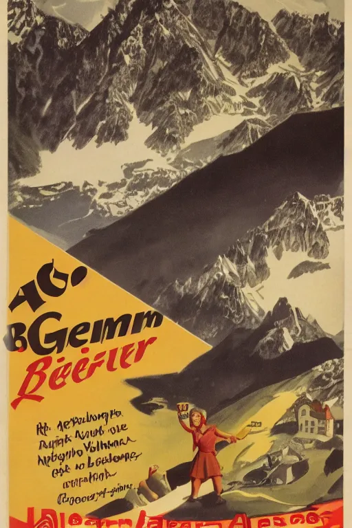 Image similar to 1 9 4 0 s german advertisement of beer, the alps are in the background, unreal engine, global illumination, radiant light, detailed and intricate environment