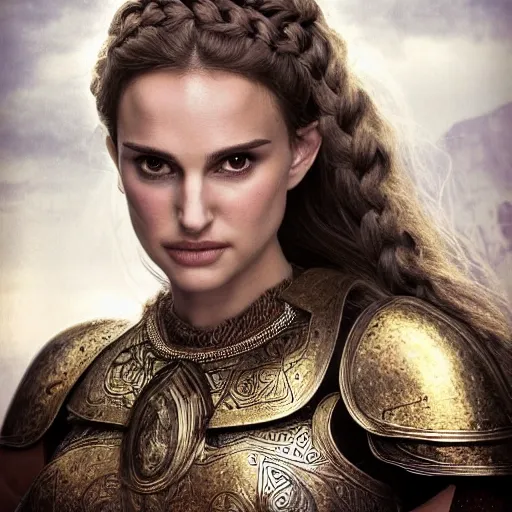 Prompt: head and shoulders portrait of a female knight, young natalie portman, celtic hair braid, golden etched armor, lord of the rings, eldritch, by artgerm, alphonse mucha, face detail, etched breastplate, sharp focus, high key lighting, vogue fashion photo