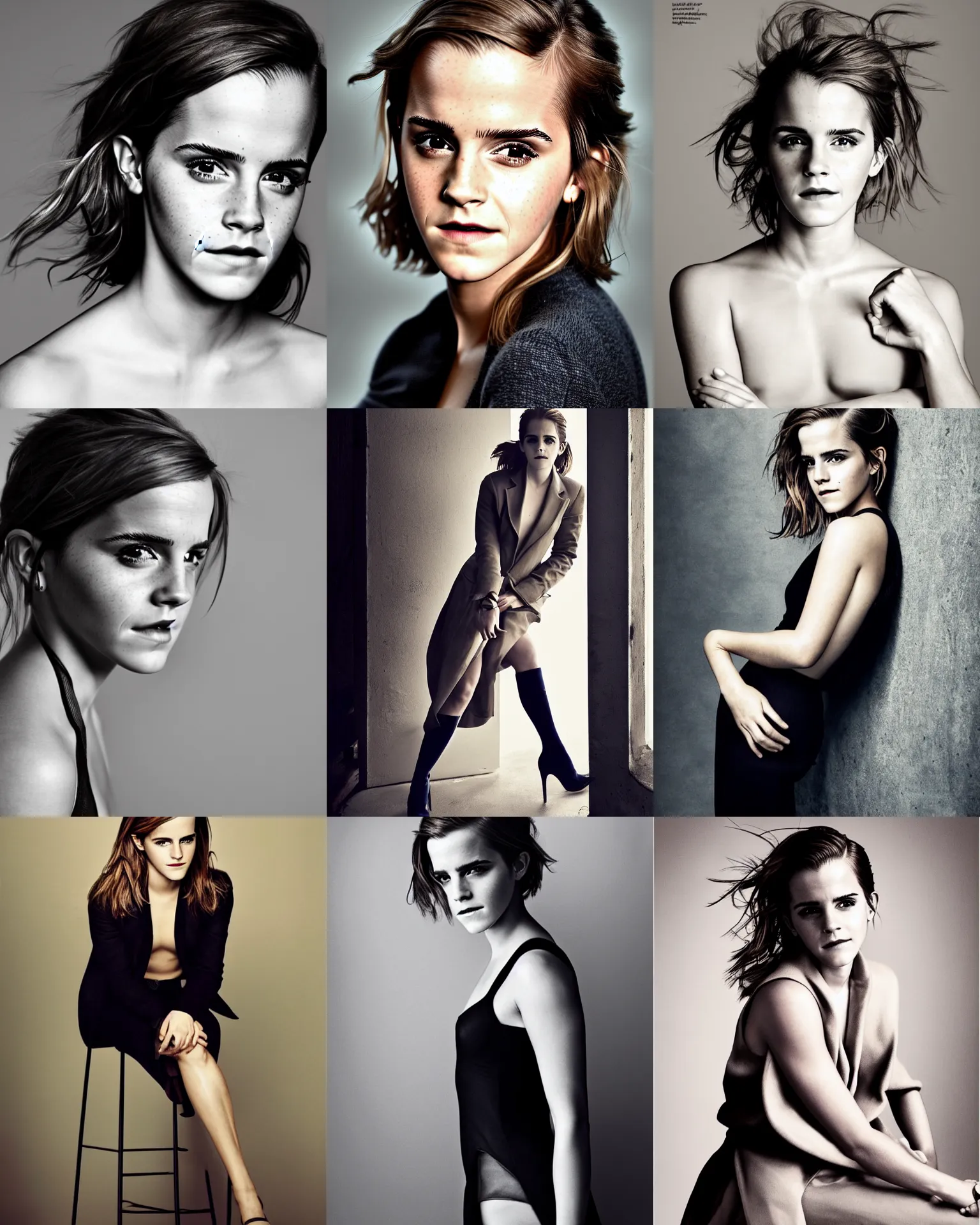 Prompt: Emma Watson professional studio photo by Annie Leibovitz, Peter Hurley, Steve Mccurry, for GQ, perfect face, full length shot, soft studio lighting, award-winning photography