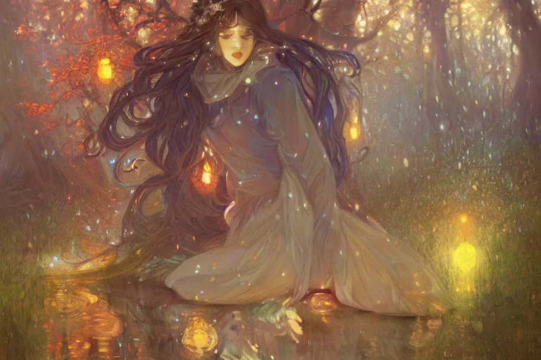 Image similar to a beautiful painting of rainy night forest of spirit, a fairy tale in fall, firefly, phosphorescent, shimmering and prismatic, rococo, by krenz cushart and mucha and monet, trending on artstation.