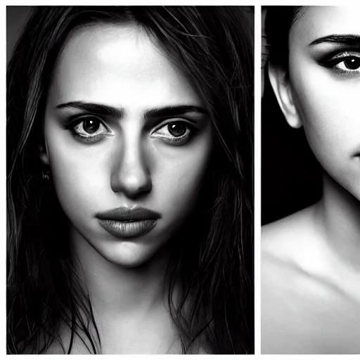 Image similar to Portrait photography of someone who have the nose of Penélope Cruz, the lips of Scarlett Johansson and the eyes of Jessica Alba, award winning photography by Leonardo Espina