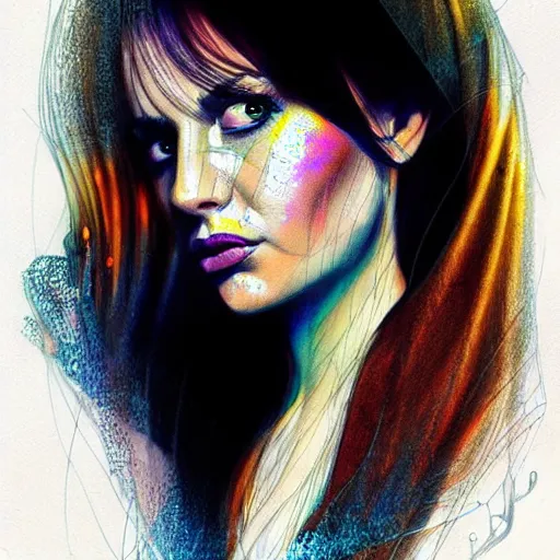 Image similar to bemused to be in jail portrait of an italian actress looking straight on, complex artistic color ink pen sketch illustration, full detail, gentle shadowing, fully immersive reflections and particle effects, concept art by artgerm