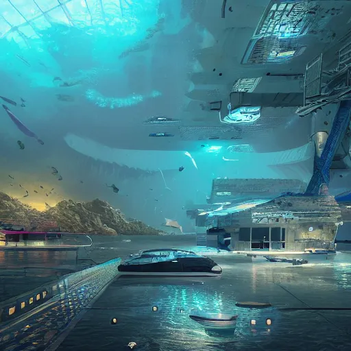 Image similar to underwater spy facility in atlantic the hidden city, intricate artwork, by tooth wu, wlop, beeple, dan mumford. concept art, octane render, trending on artstation, greg rutkowski very coherent symmetrical artwork. key art, high detail, octane render, 8 k, iridescent accents