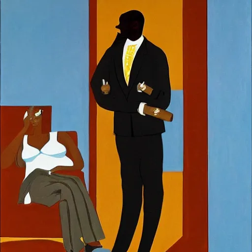 Image similar to female homeless millionaire, in expensive clothes and with a cigar, by Jacob Lawrence and Henry Taylor clean, detailed, award winning