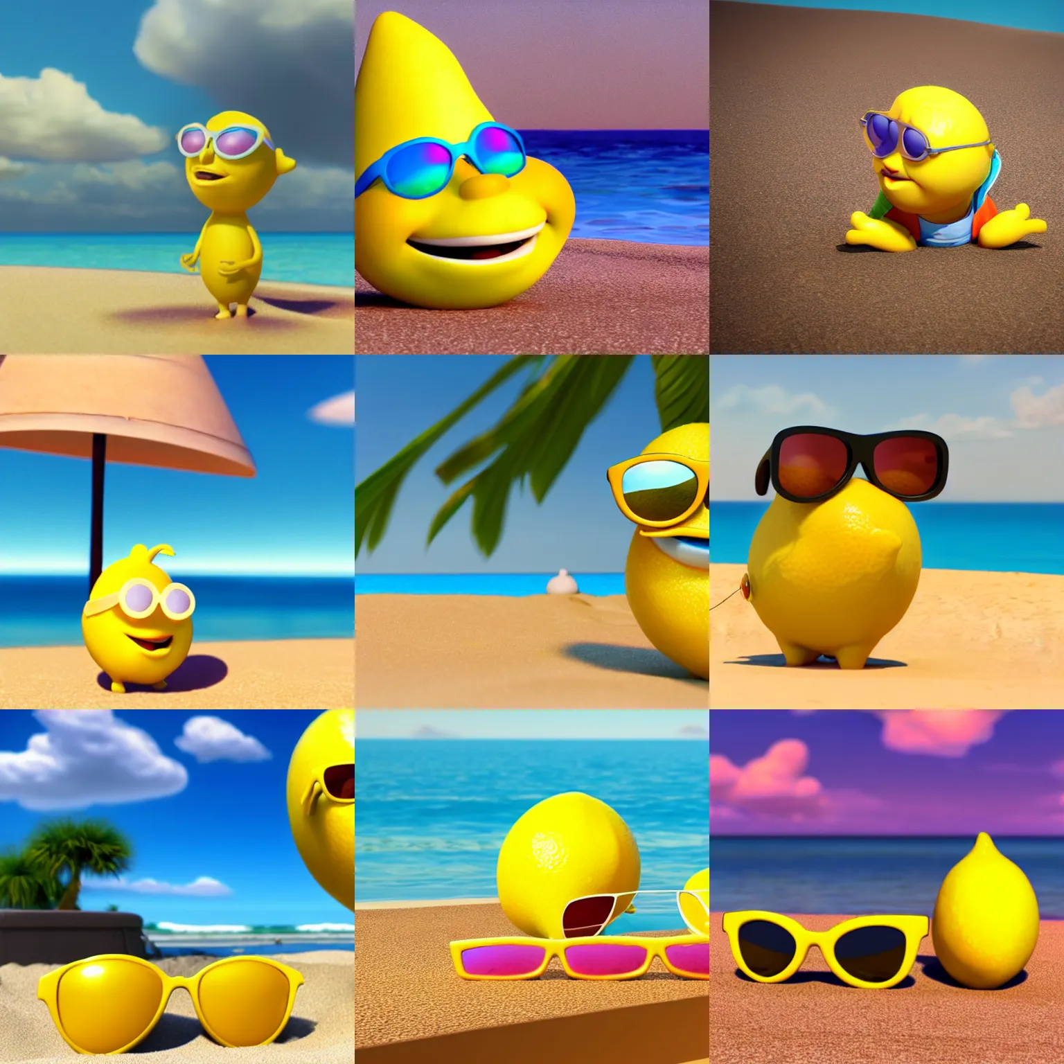 Prompt: 3D Render, Disney Pixar Movie Still, lemon character relaxing on a beach wearing sunglasses