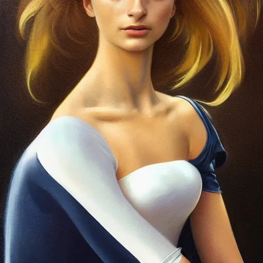 Image similar to a beautiful portrait of a beautiful cute young superhero woman, shoulder - length blonde hair, tight solid matte navy blue lycra bodysuit, white cape, emily ratajkowski, intricate, elegant, 8 k, highly detailed, digital painting, concept art, smooth, sharp focus, illustration, by artgerm greg rutkowski alphonse mucha loish wlop