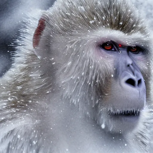 Image similar to portrait of snow monkeys, highly detailed, snow flurry, cold, steamy, desaturated, ultrarealistic, 8K, UE5, watercolor (dry brush)