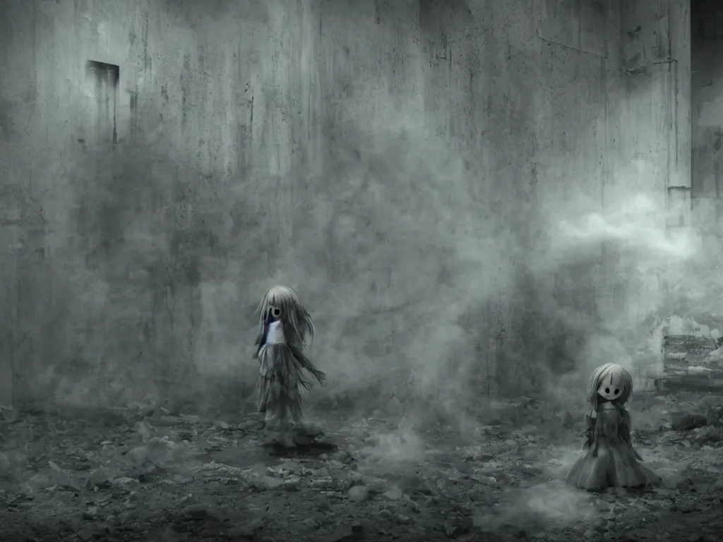 Image similar to cute fumo plush girl ghost lingering in a mysterious concrete wartorn brutalist ruin infected by floating spores of red parasitic fungus, chibi gothic maiden in tattered rags, dramatic three point lighting, glowing wisps of hazy green smoke and eerie volumetric fog swirling about, vray