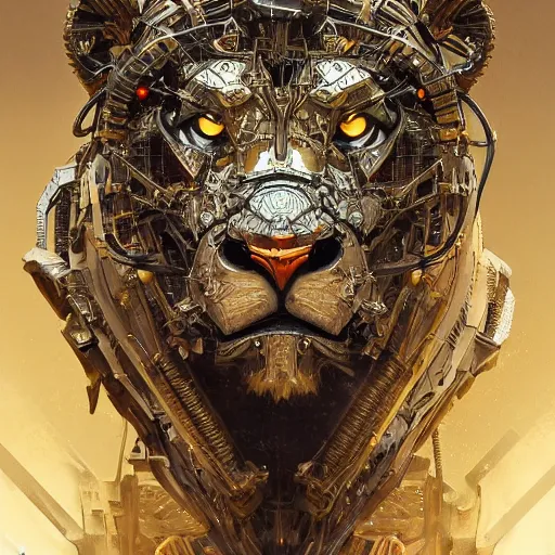 Image similar to a biomechanical lion made of scrap metal, cyberpunk, macro, intricate, elegant, highly detailed, digital painting, artstation, biolusence, concept art, sharp focus, art by artgerm and greg rutkowski and alphonse mucha, 8 k