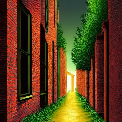 Prompt: a narrow brick alleyway lit with a streetlight, covered in vines, digital painting, hyperrealistic