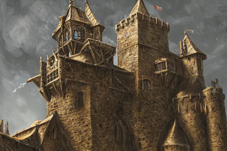 Image similar to A medieval keep, metal, iron, texture, intricate, details, highly detailed, masterpiece, architecture, building, trending on artstation, focus, sharp focus, concept art, digital painting, fantasy, D&D, tabletop, rpg, roleplay