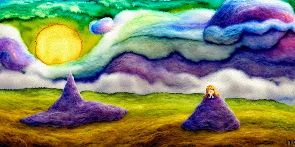 Image similar to A watercolor art of Mumintroll character in shape of wool felting amazing clouds, illustration by Irena Žviliuvienė, book cover, colorful background with mountains, 4k resolution, ultra detailed, matte painting, tarot card style, character design