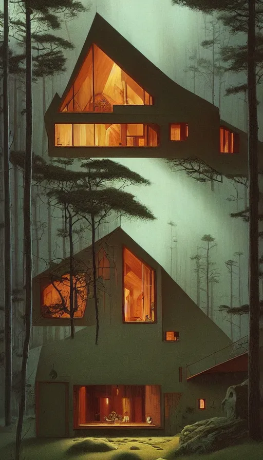 Image similar to cozy ultra modern home in the woods moody lighting, highly detailed, painting by zdzisław beksinski and norman rockwell and greg rutkowskiweta studio, and lucasfilm