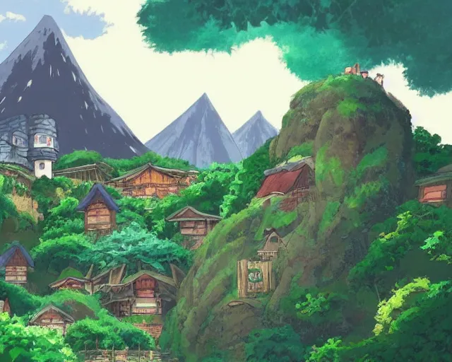 Prompt: mountain overseeing fantasy village next to a forest, studio ghibli style, hayao miyazaki