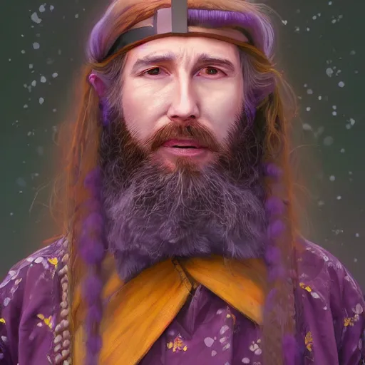 Image similar to A professional digital portrait painting of a hippie D&D druid, painted by Wes Anderson, painted by Hayao Miyazaki, dressed in light armor, 4k, digital art, trending on cgsociety, highly detailed, head and shoulders shot, shallow depth of field, purple and yellow lighting, professional lighting, airbrush,