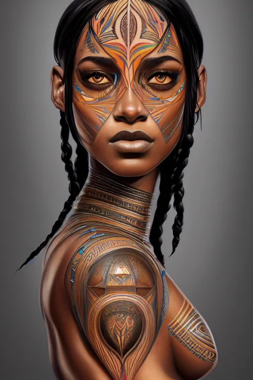 Image similar to symmetrical body portrait of beautiful nubian tribal tattooed young woman, intricate, elegant, highly detailed, digital painting, artstation, concept art, smooth, sharp focus, illustration, art by artgerm and greg rutkowski and alphonse mucha, 8 k