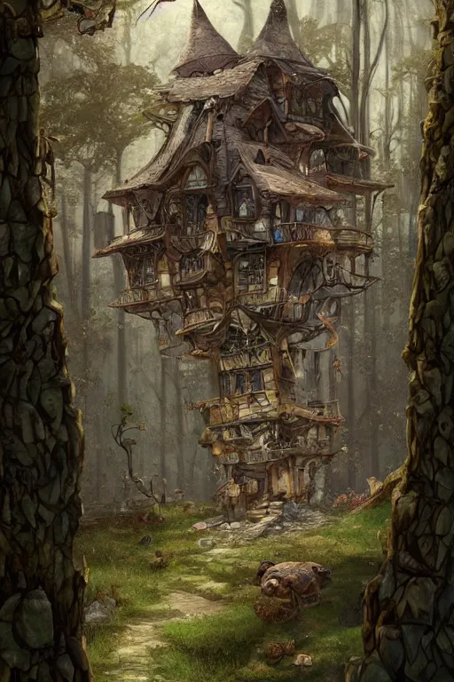 Image similar to a storybook ramshackle multistory hut in the woods, intricate, elegant, fantasy, highly detailed, digital painting, concept art, sharp focus, illustration, artstation, fairytale style