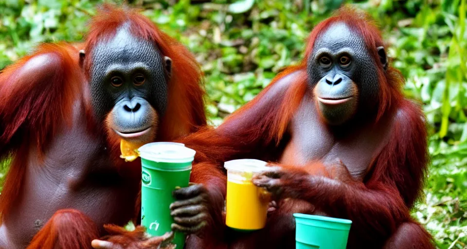 Image similar to a orangutan eating a big mac, holding a drink in its hand