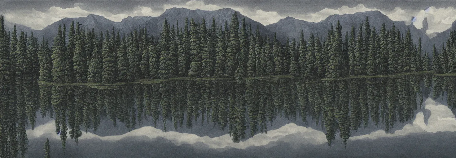 Image similar to escher painting of a lake, big trees reflecting on lake surface, mountains at background, snowy, ultra sharp, ultra detailed, dark emotion, colorized by salvador