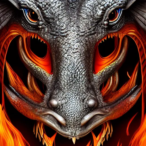 Prompt: portrait photo of a dragon, detailed face, digital art, 4k, silver scales, fire