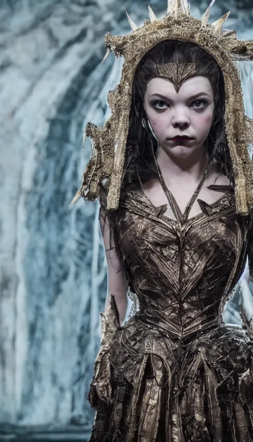 Image similar to dressed anya taylor - joy as senobith, symmetrical, cinematic, elegant, dark, real photography, costume made by clive barker, 4 k, ultra hd, sense of awe