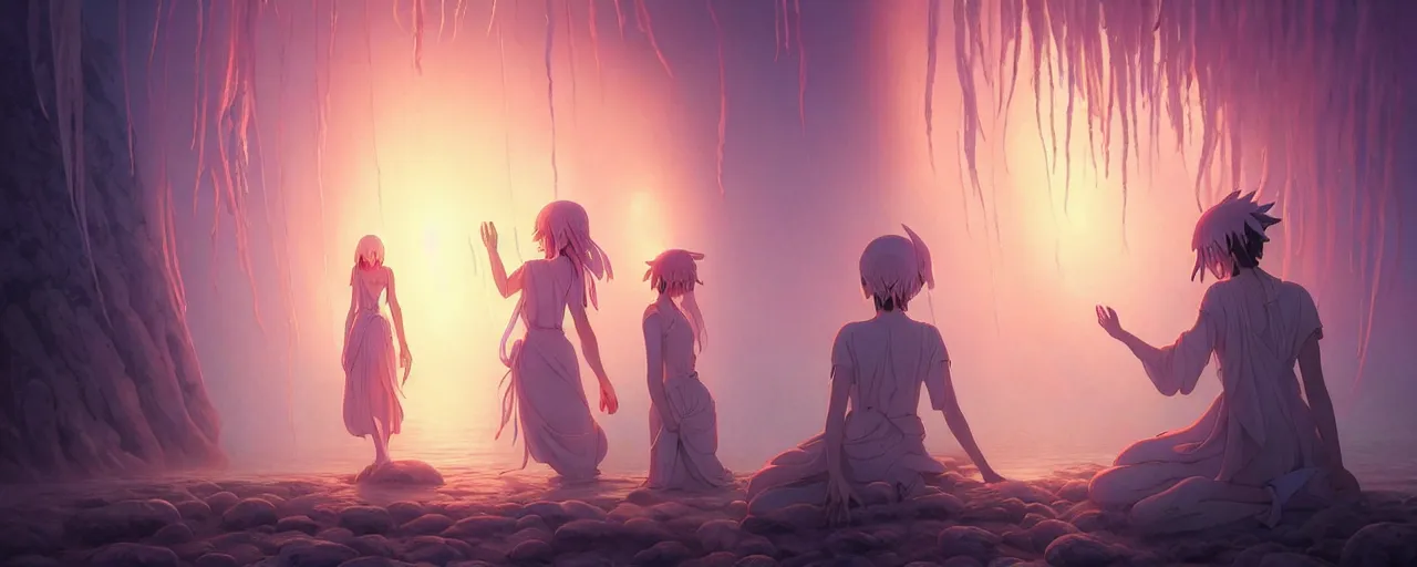 Image similar to A painting of priestesses worshipping at the jellyfish temple, shrouded in mist, jellyfish god, 8K, illustration, art by artgerm and Makoto Shinkai and Hitoshi Ashinano, smoke, cinematic, insanely detailed and intricate, hypermaximalist, elegant, super detailed, award-winning, puce and vermillion, mysterious, ancient, ritual, ethereal, trending in cgsociety, artstation HQ, ornate, elite, haunting, matte painting