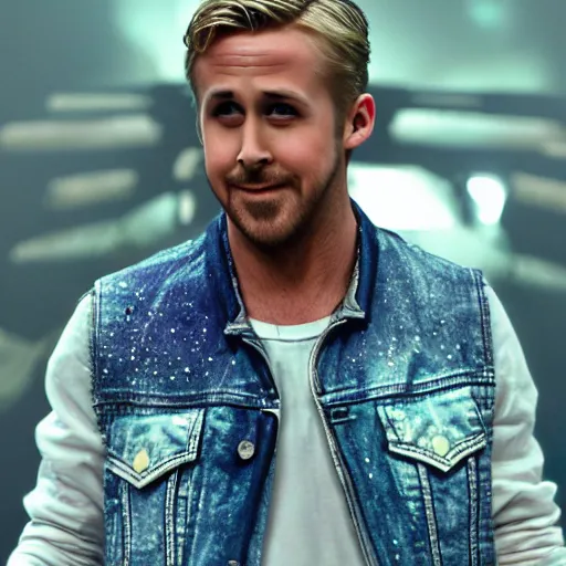 Image similar to Ryan Gosling with silver-violet hair, white eyes inflated press and denim glittery vest, wide lens, diorama, 4k,