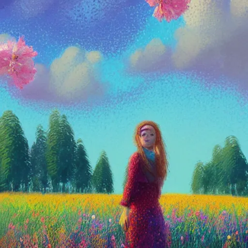 Image similar to girl with one flower afro, standing in a field with flowers, hills, big trees, sunrise dramatic light, impressionist painting, colorful clouds, digital painting, pointillism, artstation, simon stalenhag