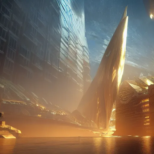 Prompt: a golden fantasy sci fi luxurious city with cerulean oceansides, scandinavian / norse influenced, cinematic, ray traced, octane render, cinematic lighting, ultrarealistic, featured on artstation 8 k uhd artwork