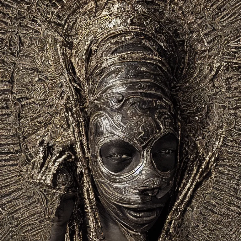 Image similar to hypperrealism octane render portrait by wayne barlow and carlo crivelli and glenn fabry, an afrrican mandinka dancer wearing an elaborate costume and hand - carved mask with intricate painted details emerging from a pool of black shiny ferrofluid inside an ancient roman temple, cinema 4 d, ray traced lighting, very short depth of field, bokeh