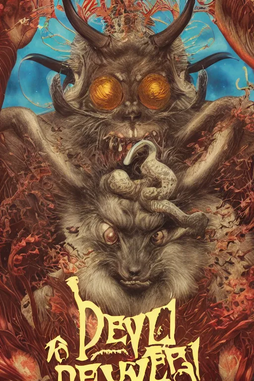 Image similar to a cover of japanese magazine about devil animal creatures bio with a banner and logo on it by illustrated by miyazaki by karol bak, james jean, tom bagshaw, rococo, sharp focus, trending on artstation, cinematic lighting, hyper realism, octane render, 8 k, hyper detailed, vivid, ultra detailed, highly detailed