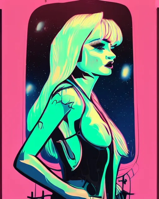 Image similar to a pulp illustration of a gorgeous kim petras in dead space, with wild blonde hair and haunted eyes, 1 9 7 0 s, space station, neon light, delicate embellishments, painterly, offset printing technique