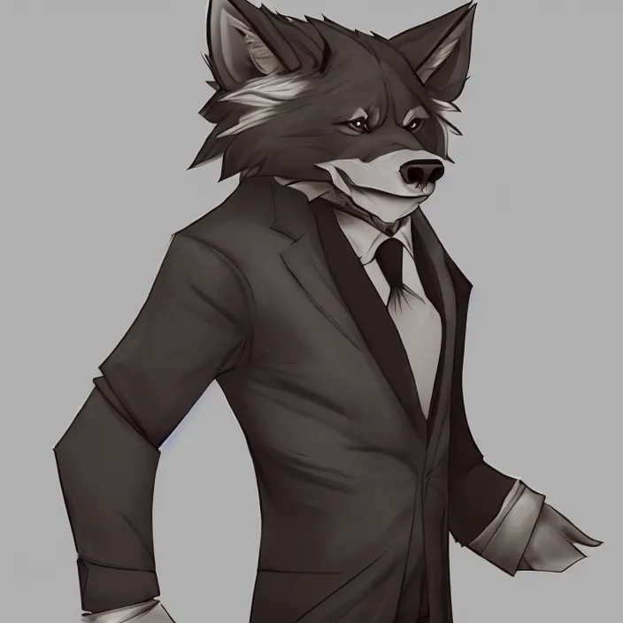 Prompt: a handsome werewolf boyfriend in a dapper suit, furry art, trending on artstation, by michaelangelo, 8 k