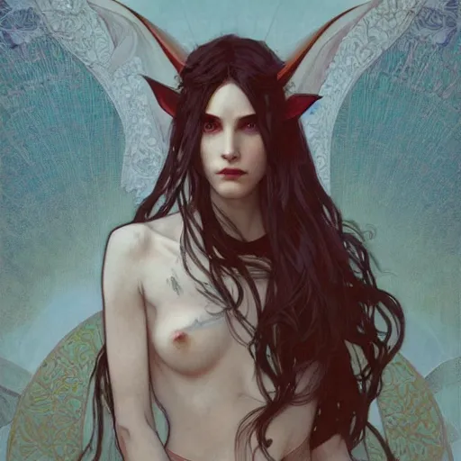 Image similar to Digital portrait of a pretty half-elf half-vampire young woman. Her eyes have red irises and vertical pupils. Art by Greg Rutkowski and Alphonse Mucha